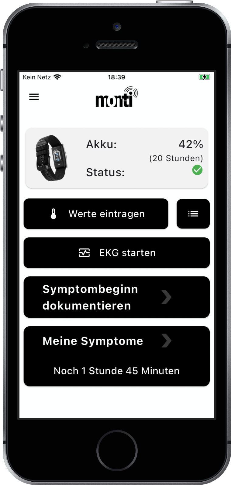 monti App Screenshot zeigt die mobile Benutzeroberfläche der Wearables-Plattform auf einem iPhone